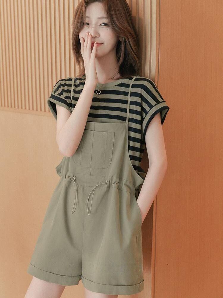 超人気 ストライプ柄 カジュアル 切り替え 半袖Ｔシャツⅹオーバーオールショーツセット全4色 <S-8731>