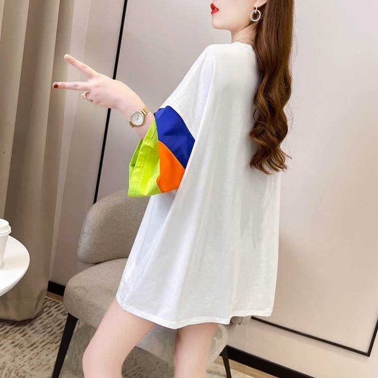超人気商品 カラーマッチング ベアー柄 切り替え プリント ロング Tシャツ ゆったりワンピース ＜S-4024＞