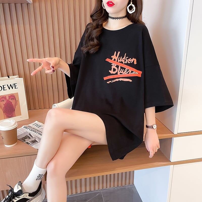 デザイン個性ゆったりミドル丈半袖Tシャツ<S-3036>