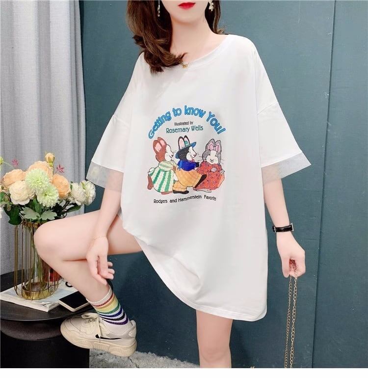 優しい雰囲気 立体のリボン バックオープン プリント ロングTシャツ ゆったり半袖＜S-2939＞