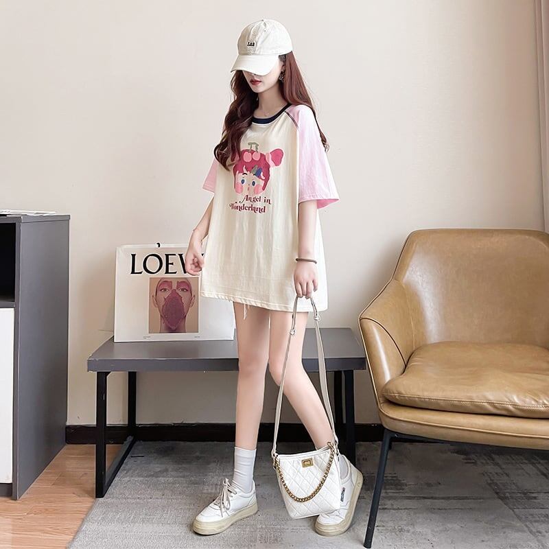 女子マスト ラグランTシャツ カラーマッチング ライトパープル アルファベットプリント半袖 ＜S-2974＞