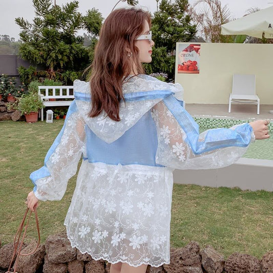 【人気急上昇中！】半額セール キュート 美人度アップ 透け感 日焼け対策 レース 刺繍 全3色 パーカー コート＜S-8510＞