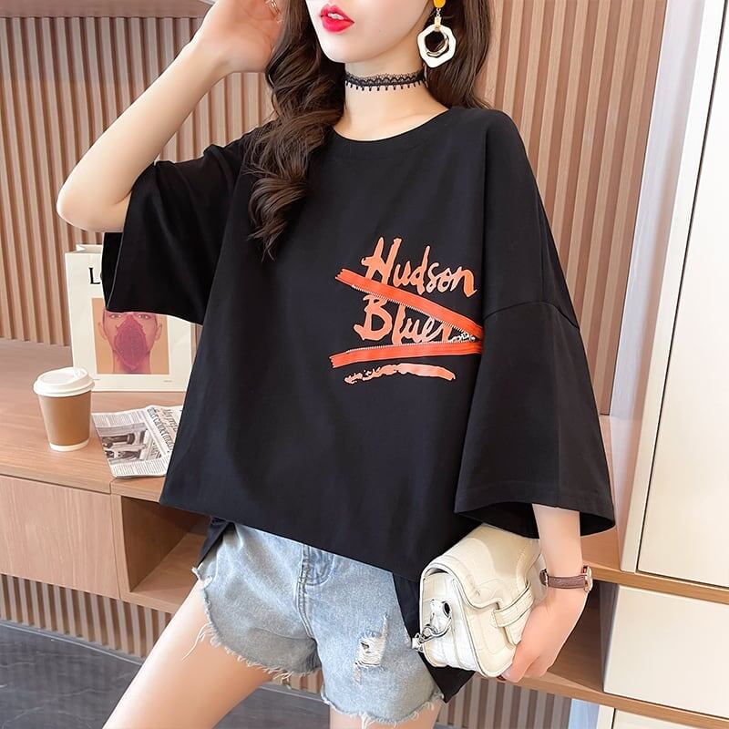 デザイン個性ゆったりミドル丈半袖Tシャツ<S-3036>