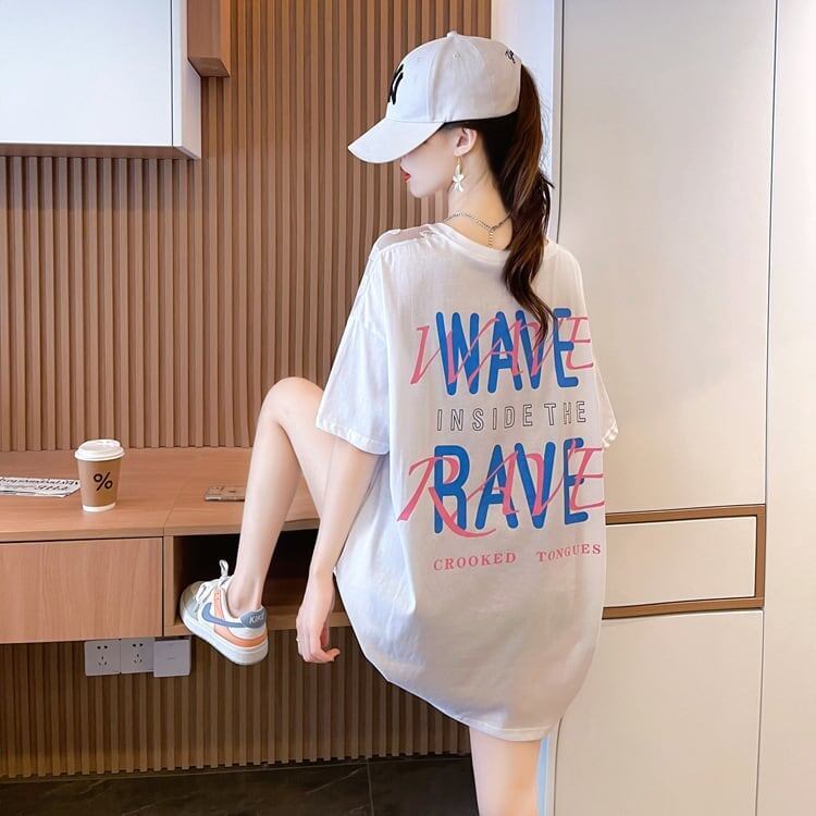 ファッションデザインレースミドル丈半袖Tシャツ<S-3017>