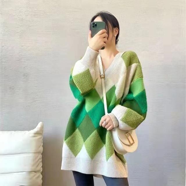 超人気ダイヤ柄ニットセーター厚手ゆったり全2色＜S-4654＞