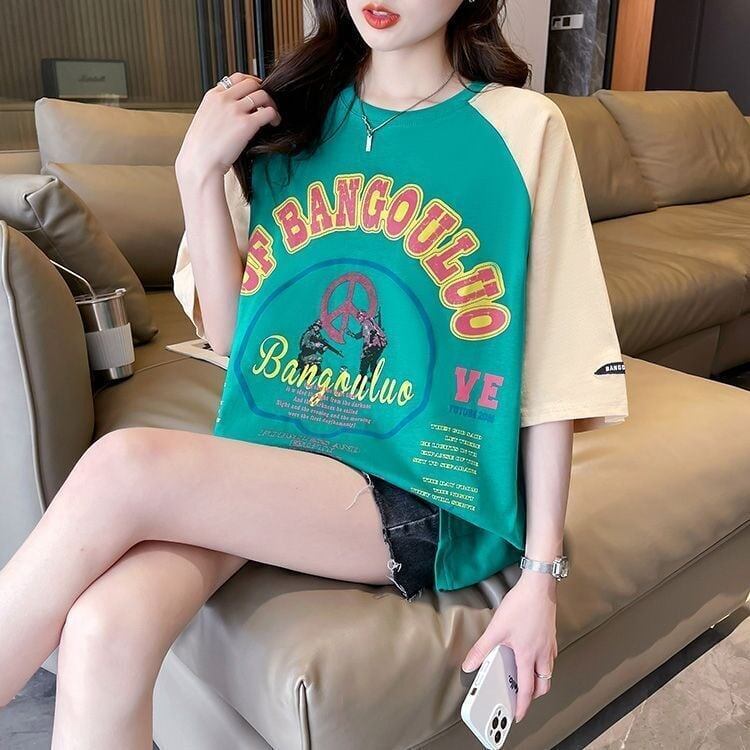 夏新作 配色 プリント ロング ラグランTシャツ 三色 ゆったりワンピース ＜S-4003＞