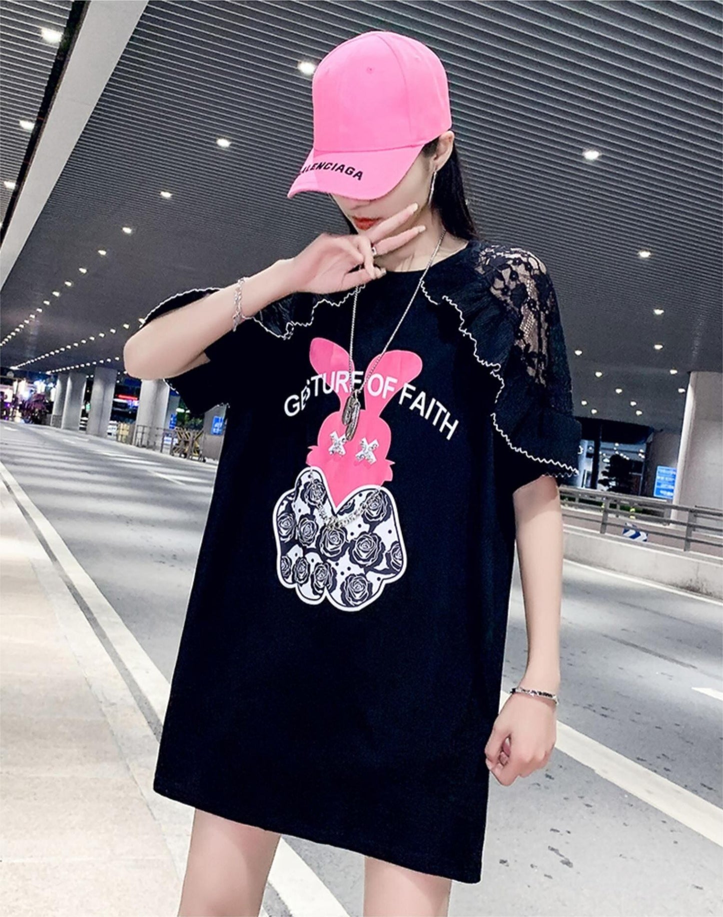 レースステッチアイスシルクニットルーズラビットプリント半袖Tシャツ<S-5038>