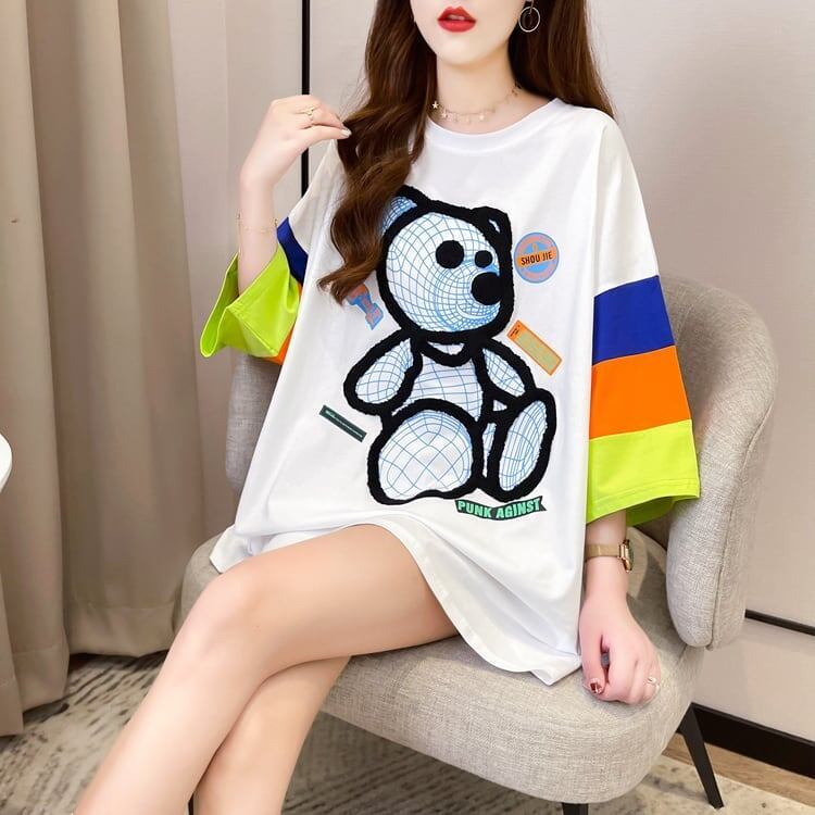 超人気商品 カラーマッチング ベアー柄 切り替え プリント ロング Tシャツ ゆったりワンピース ＜S-4024＞