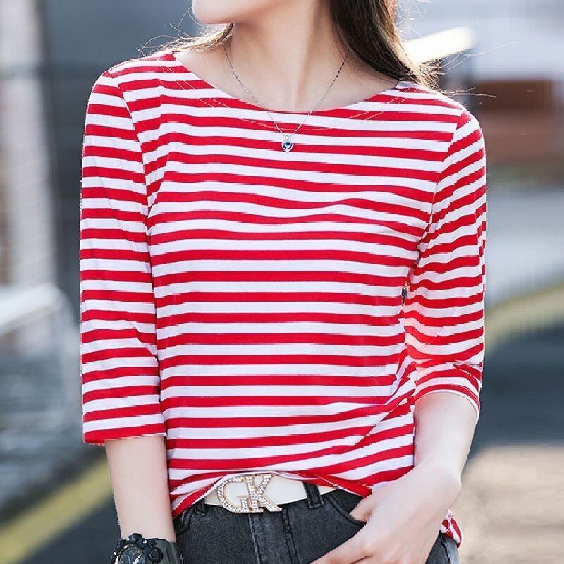 お買い得 定番シンプル 大活躍 着心地抜群 ストライプ柄 全4色 7分袖 Tシャツ ＜S-9134＞