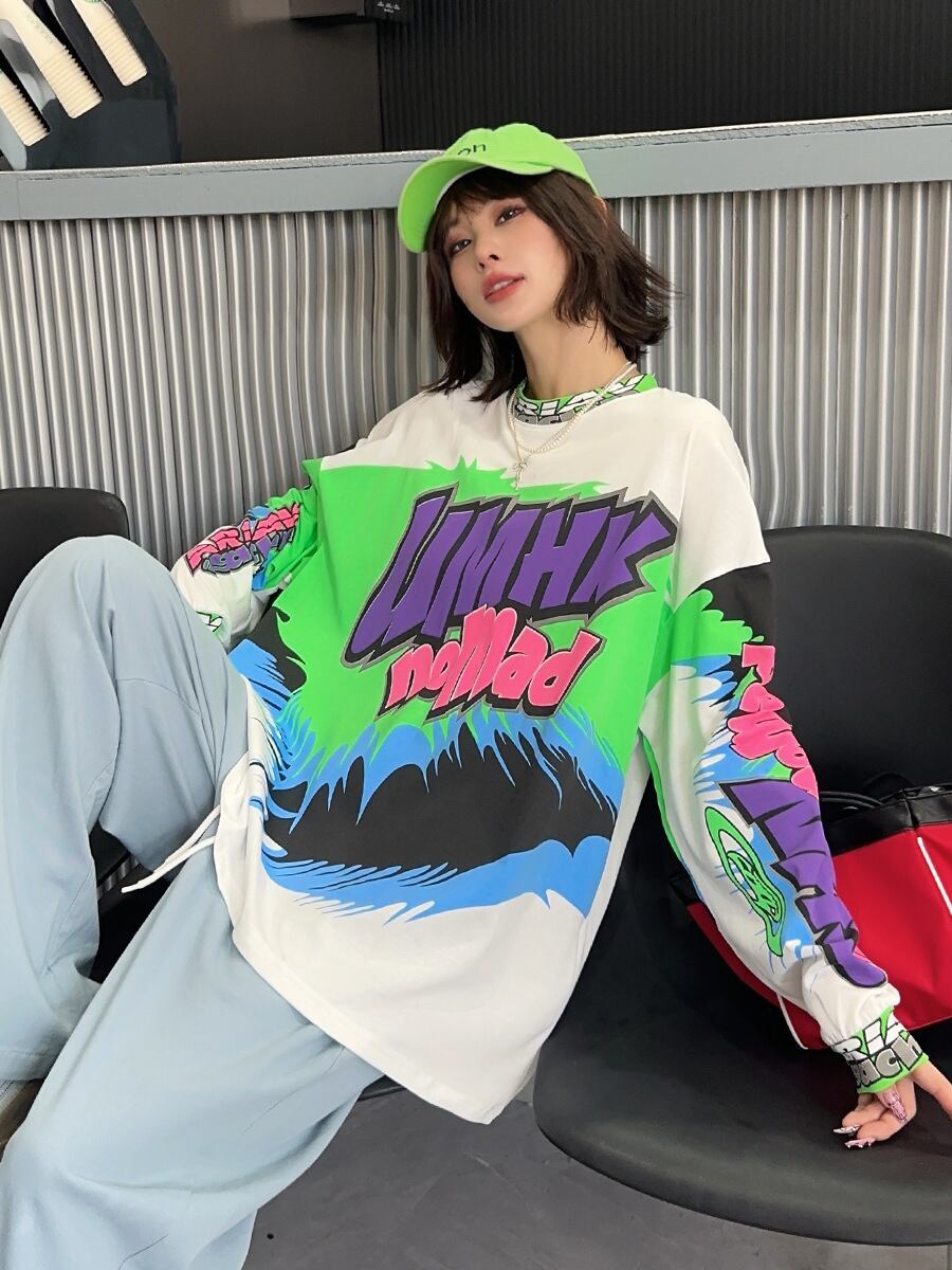 着回し力抜群 アバンギャルド 個性的なデザイン プリント全2色 Tシャツ<S-9225>