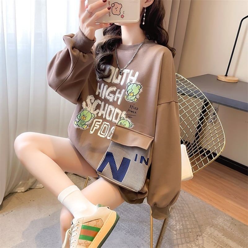 デザインされたビッグポケット漫画長袖Tシャツ<S-5118>
