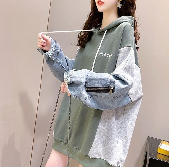 特別デザイン韓国系ゆったり切り替えデニムフード付きスウェット＜S-1592＞