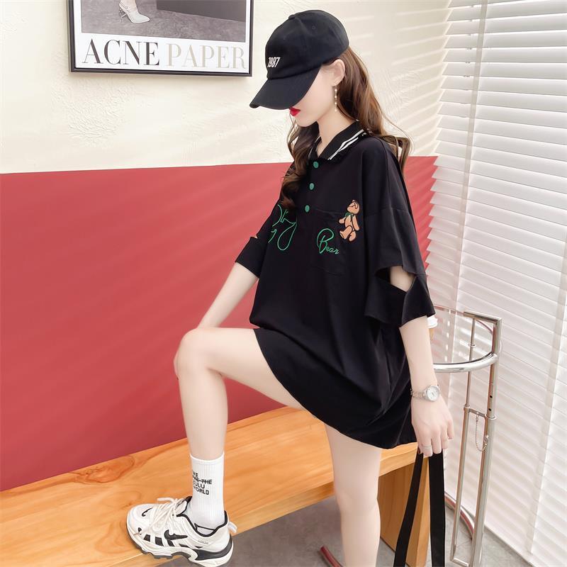 POLOネック ポケット ベアー レース ロング Tシャツ 三色 ゆったりワンピース＜S-3991＞