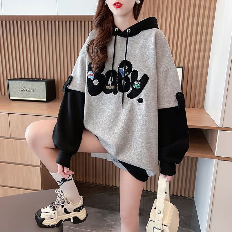 質感のいい切り替え英字ロゴゆったりフード付きパーカ全2色トップス<S-4620>