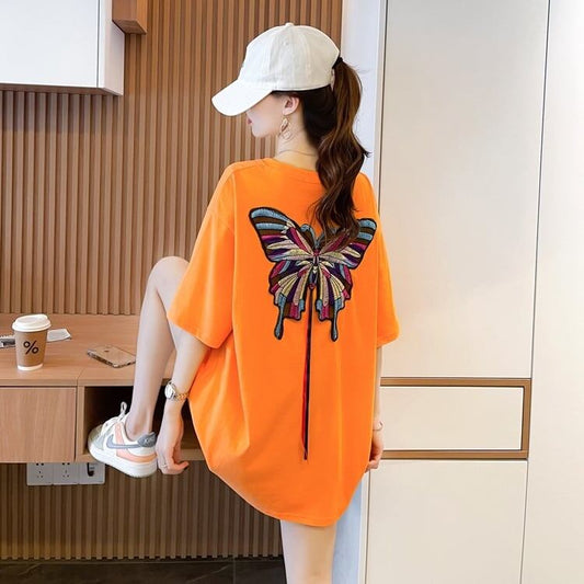 最新デザインセンス刺繍純綿ルーズ半袖Tシャツ<S-2949>