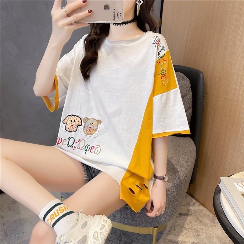 韓国風漫画刺繍ワッペン半袖Tシャツ<S-2991>
