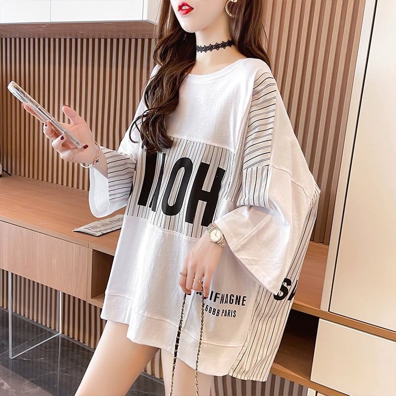 大好評 切り替え ストライプ柄 プリント ロング Tシャツ 三色 ゆったりワンピース ＜S-4012＞