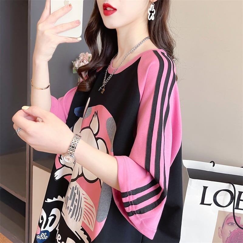 好感度UP グラフィック ストライプ柄 ラグランTシャツ ゆったり ワンピース＜S-3994＞