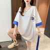 韓国系 ドロップショルダープリント ラウンドネック ロング Tシャツ 三色 ゆったり半袖＜S-3011＞