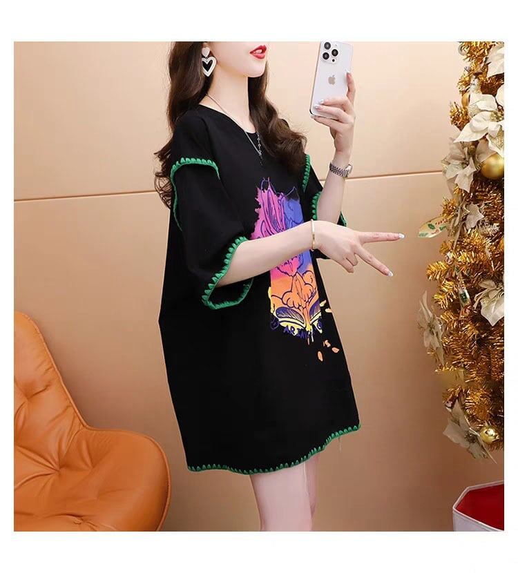 韓国系 ロング プリント Tシャツ 三色 ゆったり半袖 ＜S-2841＞