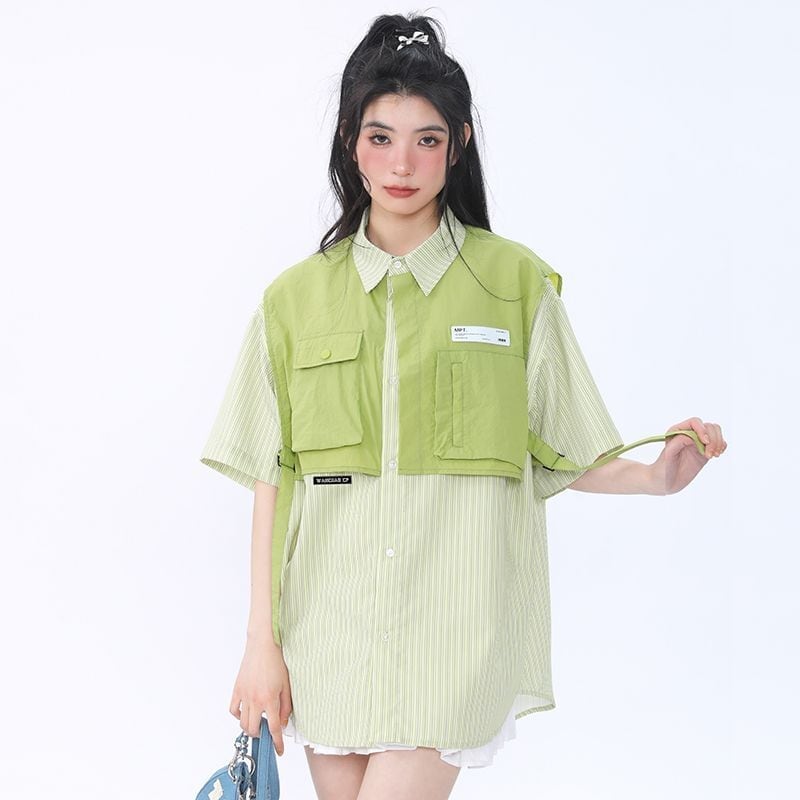 期間限定 ファッション 個性派 レイヤード風 切り替え プリント全3色 男女兼用 半袖Tシャツ<S-9044>