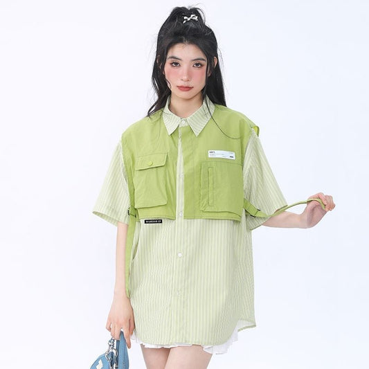期間限定 ファッション 個性派 レイヤード風 切り替え プリント全3色 男女兼用 半袖Tシャツ<S-9044>
