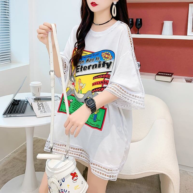 デザインセンス中空プリントTシャツルーズトップス<S-2877>