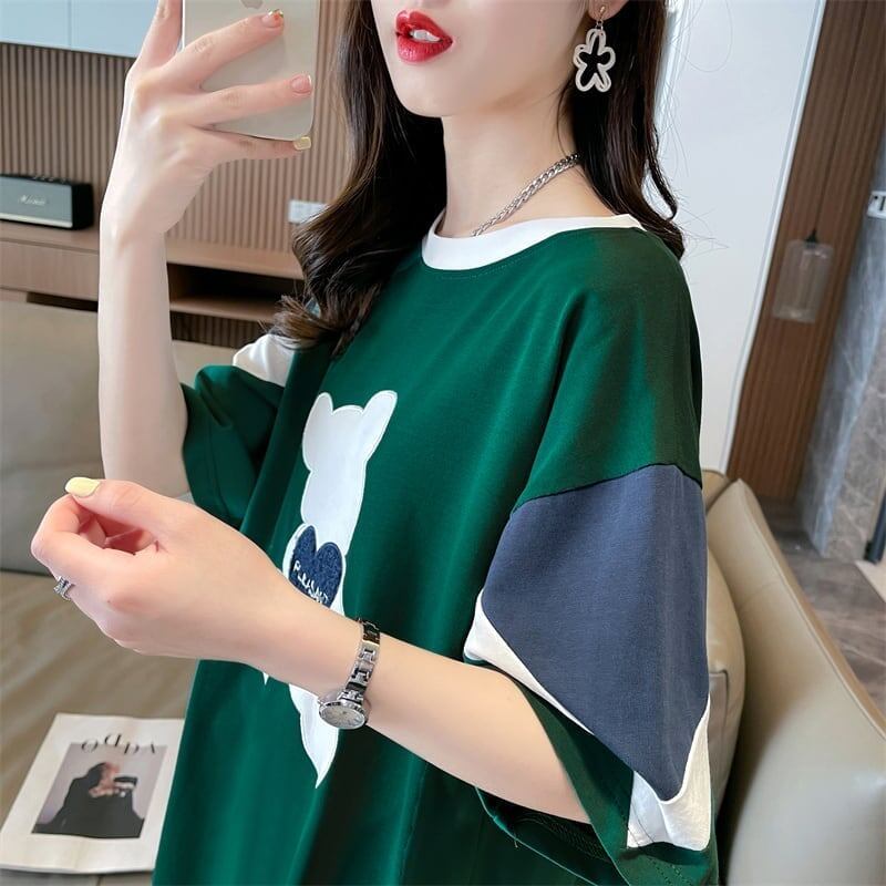 カジュアルルーズワッペン刺繍ステッチカラーブロック半袖Tシャツ<S-2870>