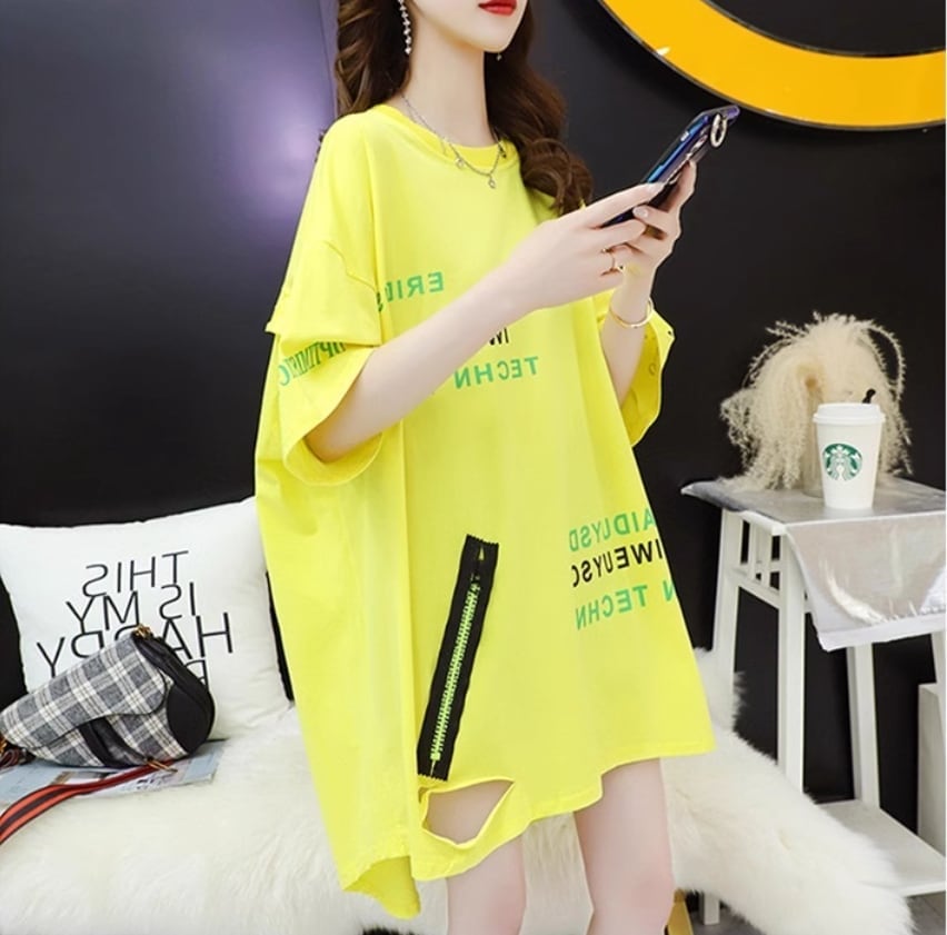超人気 ダメージ加工 ゆったりロング丈 三色半袖Tシャツ＜S-8107＞