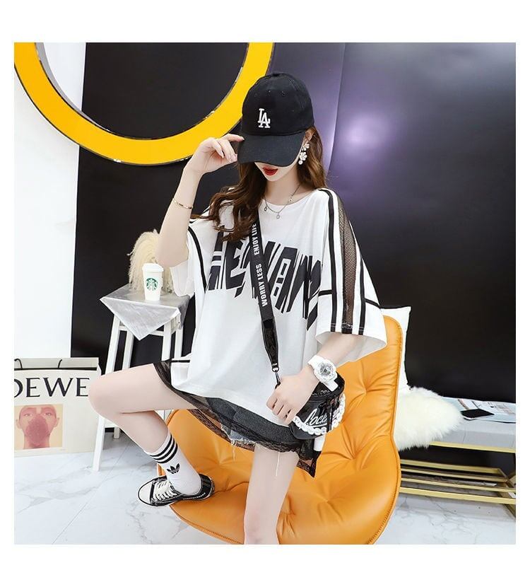 大好評 透かし彫りアルファベット 切り替え プリントTシャツ ゆったり半袖＜S-2982＞