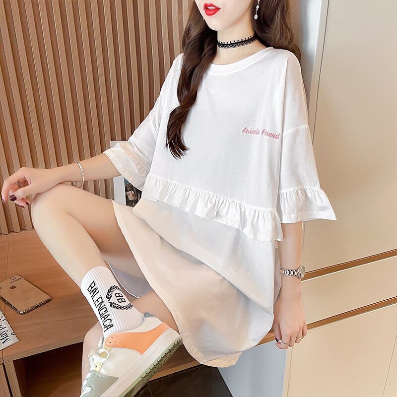 【半額！期間限定！！】合わせやすい 切り替え フリル プリント Tシャツ ゆったりワンピース＜S-3008＞