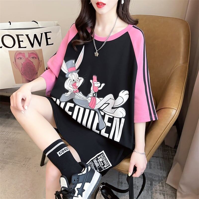 キュートなウサギのカラーブロック半袖Tシャツ<S-2989>