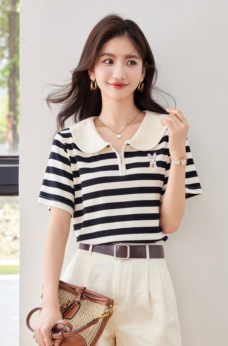 美人度アップ エレガント ファッション ストライプ柄 Tシャツ<S-8333>