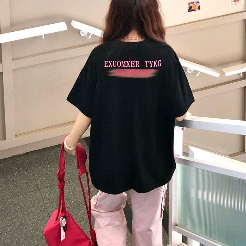 夏新作 プリントTシャツ 夕日 黒 ゆったり半袖＜S-2959＞