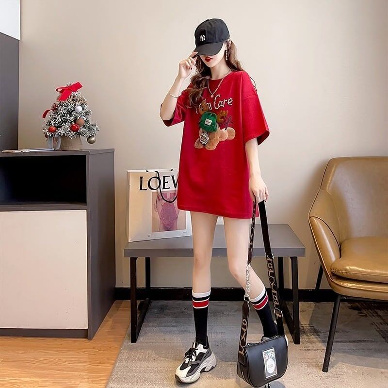 大活躍 ロング ビジューロゴ Tシャツ ゆったり 半袖 三色＜S-2922＞