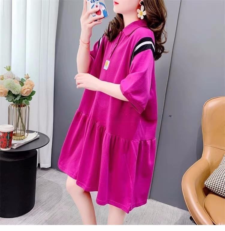 女子力アップ POLOネック 韓国系 ロング Tシャツ 二色 ゆったりワンピース ＜S-2937＞