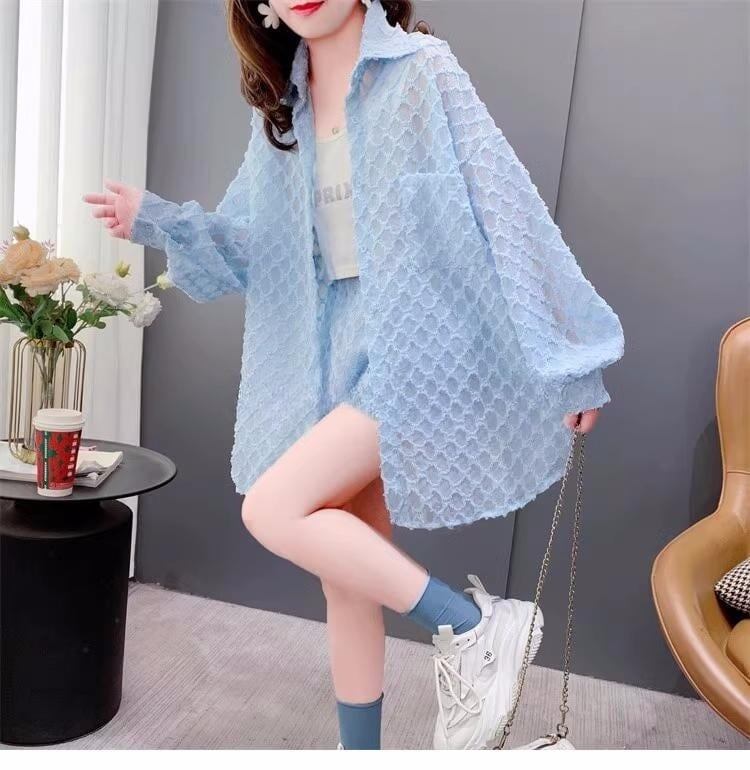 韓国系 UVカット長袖シャツⅹショートパンツセットアップ 透け感 ＜S-2826＞