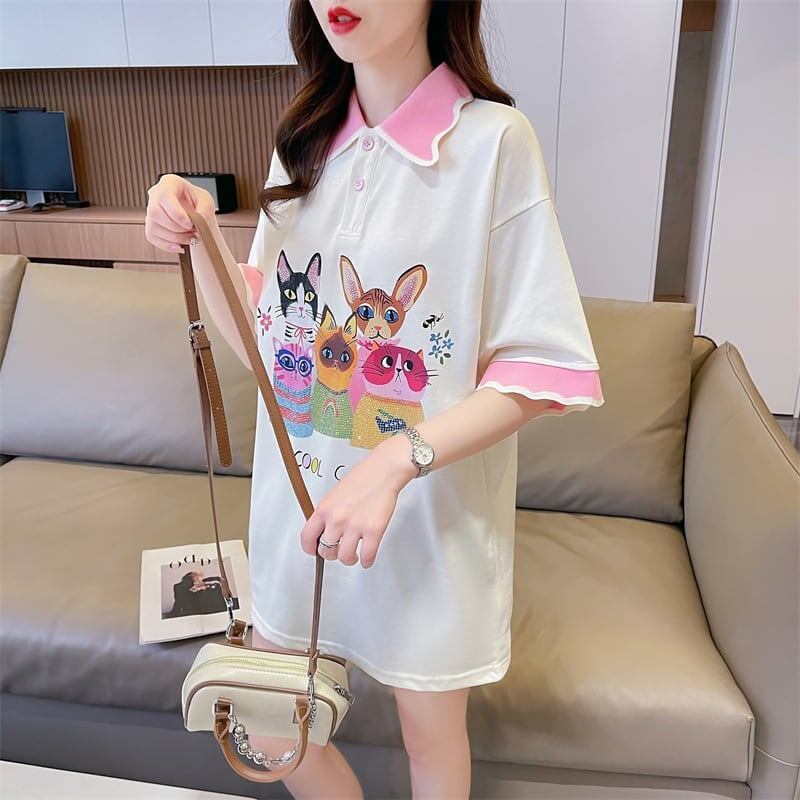 デザインセンスゆったりプリントトップラペルTシャツポロシャツ<S-2898>