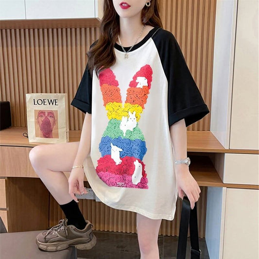 美人度アップ Tシャツ 可愛いウサギ 丸襟 半袖＜S-2824＞