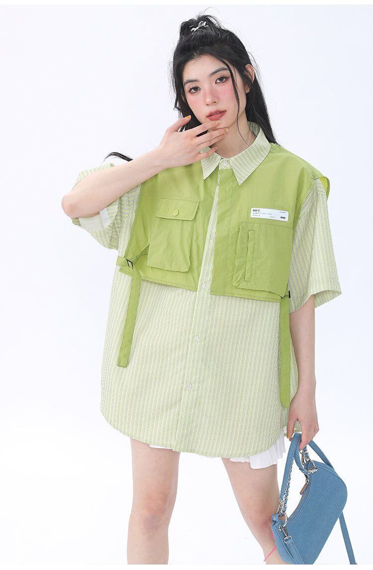 期間限定 ファッション 個性派 レイヤード風 切り替え プリント全3色 男女兼用 半袖Tシャツ<S-9044>
