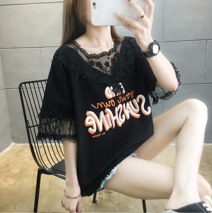 エレガントなレースステッチ半袖Tシャツ<S-3030>