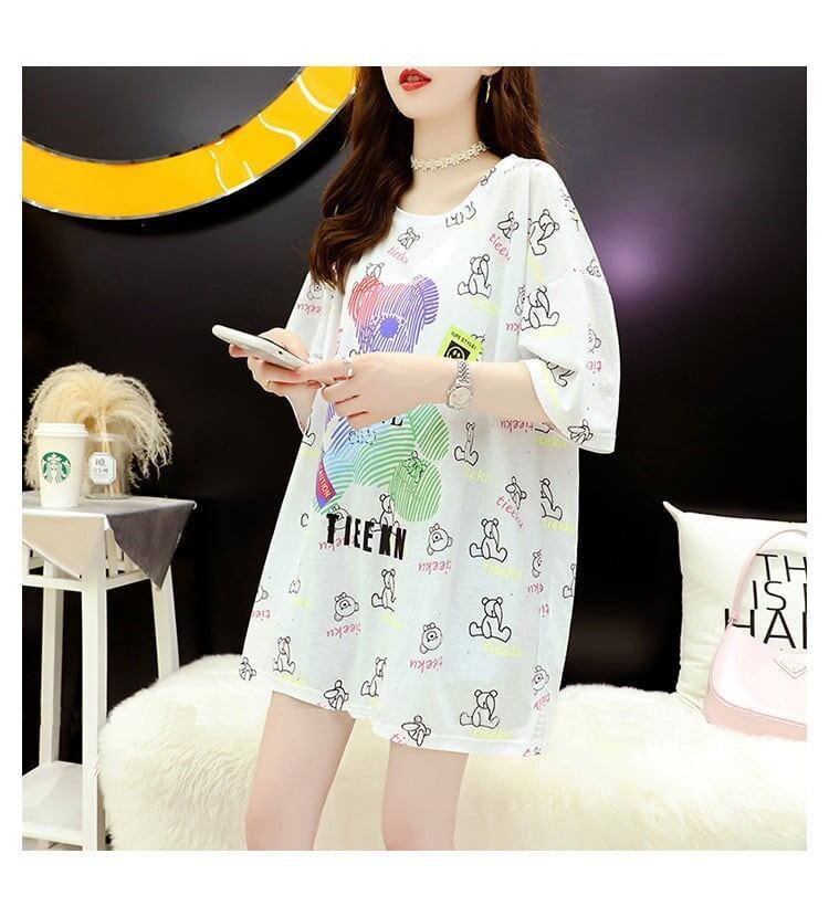 大活躍 プリント 熊柄 Tシャツ ラウンドネック ゆったり半袖＜S-3004＞