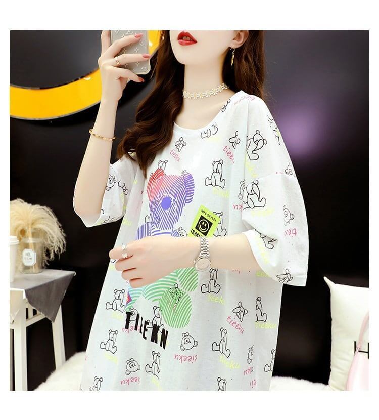 大活躍 プリント 熊柄 Tシャツ ラウンドネック ゆったり半袖＜S-3004＞