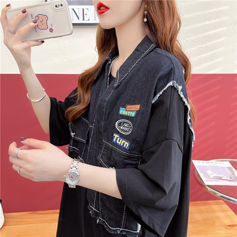 ウエスタンテイストのエイジレスなデザインセンスのデニム継ぎ半袖Tシャツ<S-2912>