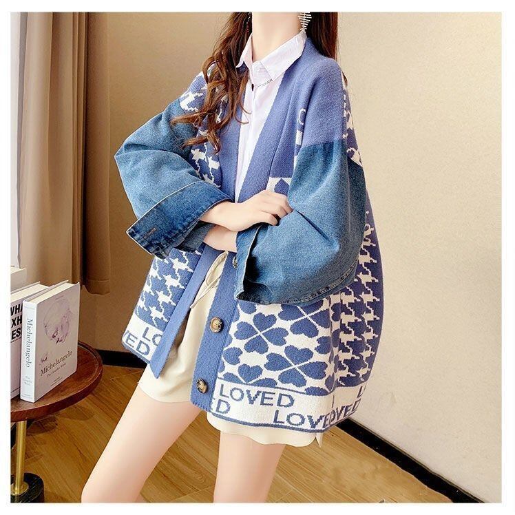 都市ファッショ デザイン オシャレ デニム切り替え 全2色 ニットカーディガン<S-9377>
