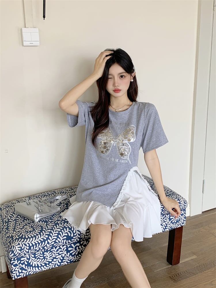 絶対欲しい キュート 超人気 ピンク プリント スパンコール 3色選択 半袖Tシャツ＜S-8570＞