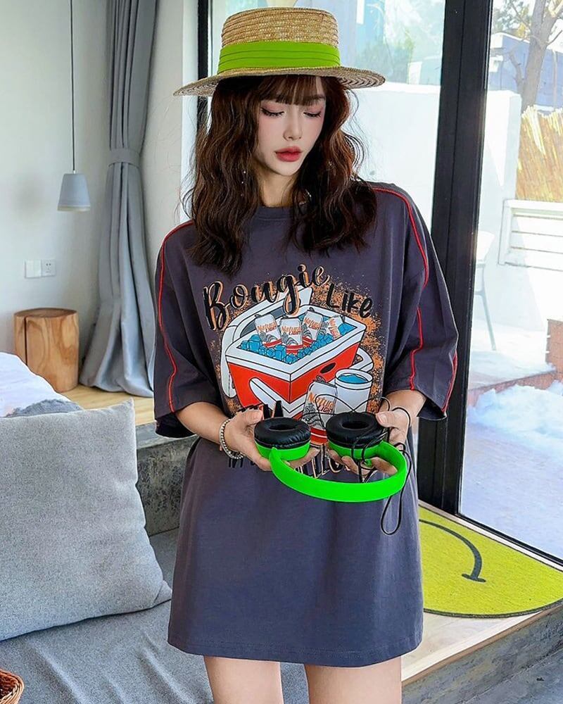 着せ ゆったり ビッグロゴ ロングTシャツ 半袖 ワンピース<S-4859>