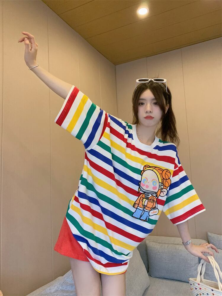 売り切れ必至 トレンドアイテム 存在感抜群 ストライプ柄 半袖Tシャツ<S-9270>