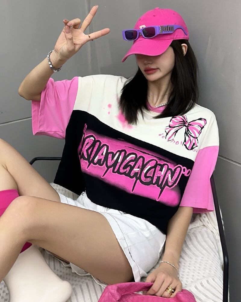 着回し力抜群 切り替え三色 韓国系 ゆったり半袖Tシャツ ＜S-8455＞