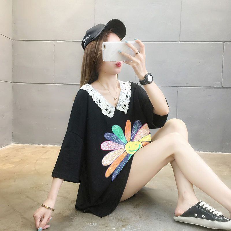 大人可愛い ロング丈 ゆったり 切り替え 三色半袖Tシャツ＜S-8129＞